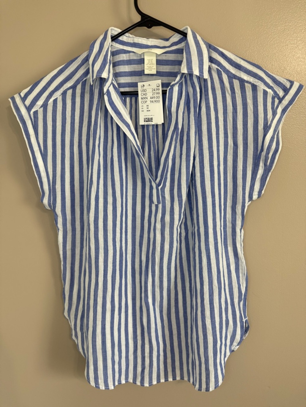H&M Blue White Striped Lightweight Cotton Top Dolman Sleeves Collared Women's XS